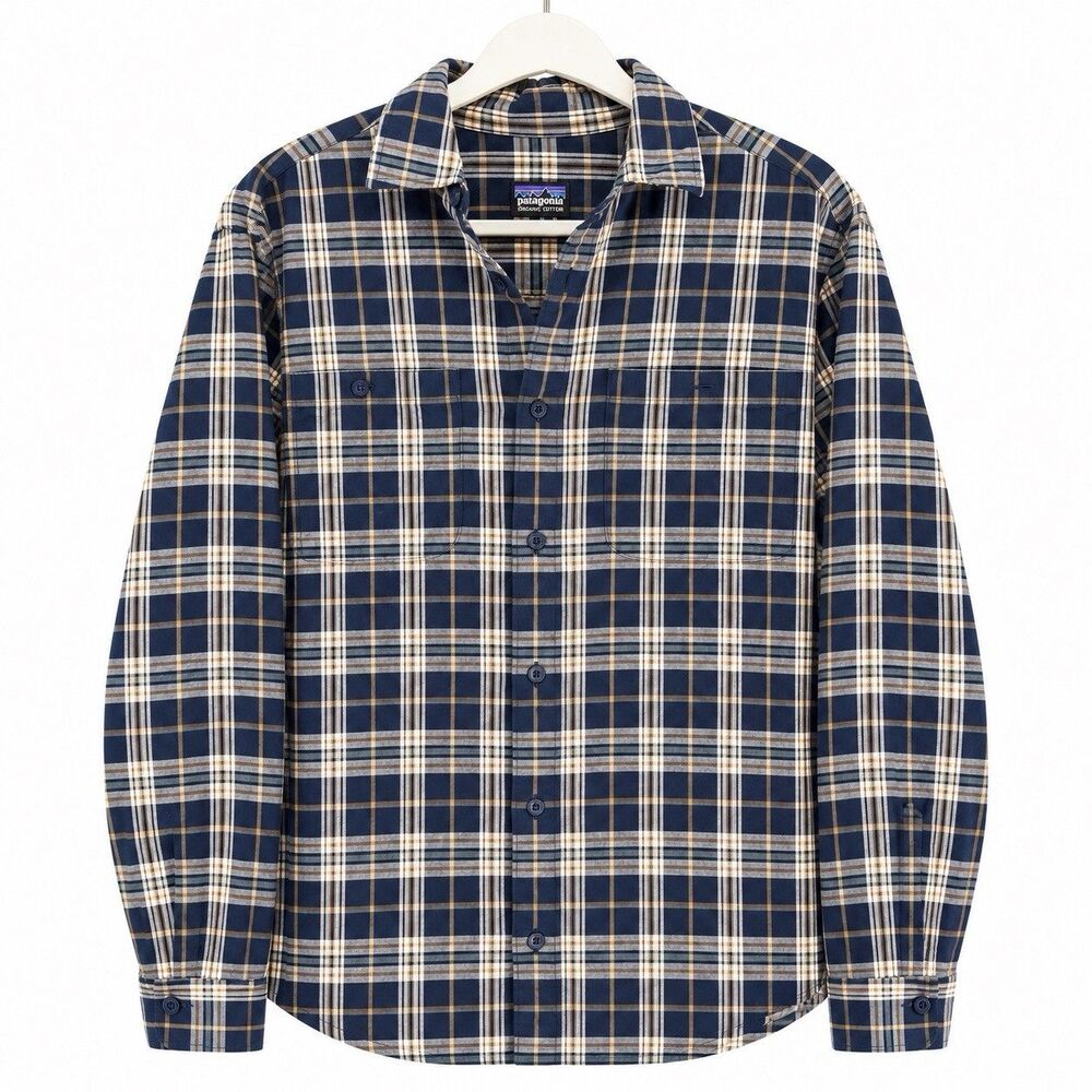 Patagonia Pima Cotton Shirt M Plaid Organic Cotton Navy Tan Gorpcore Outdoors